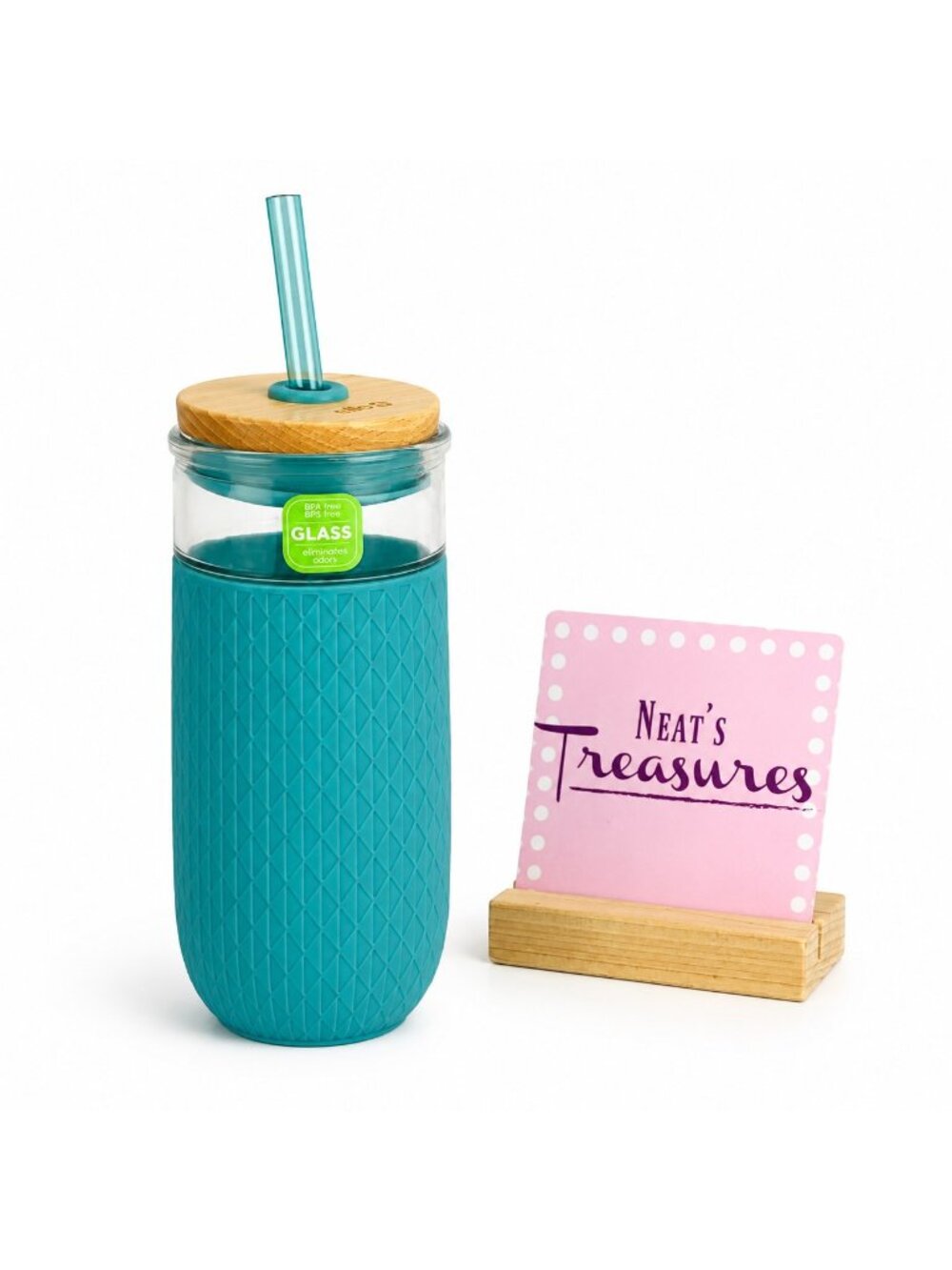 Ello DEVON ANCIENT AQUA Blue 20 oz Glass Tumber Wooden Top Straw Silicone Boot